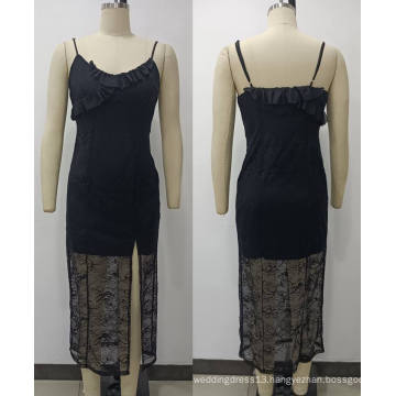 Knitting Black Lace Shoulder Staps Slit Dress